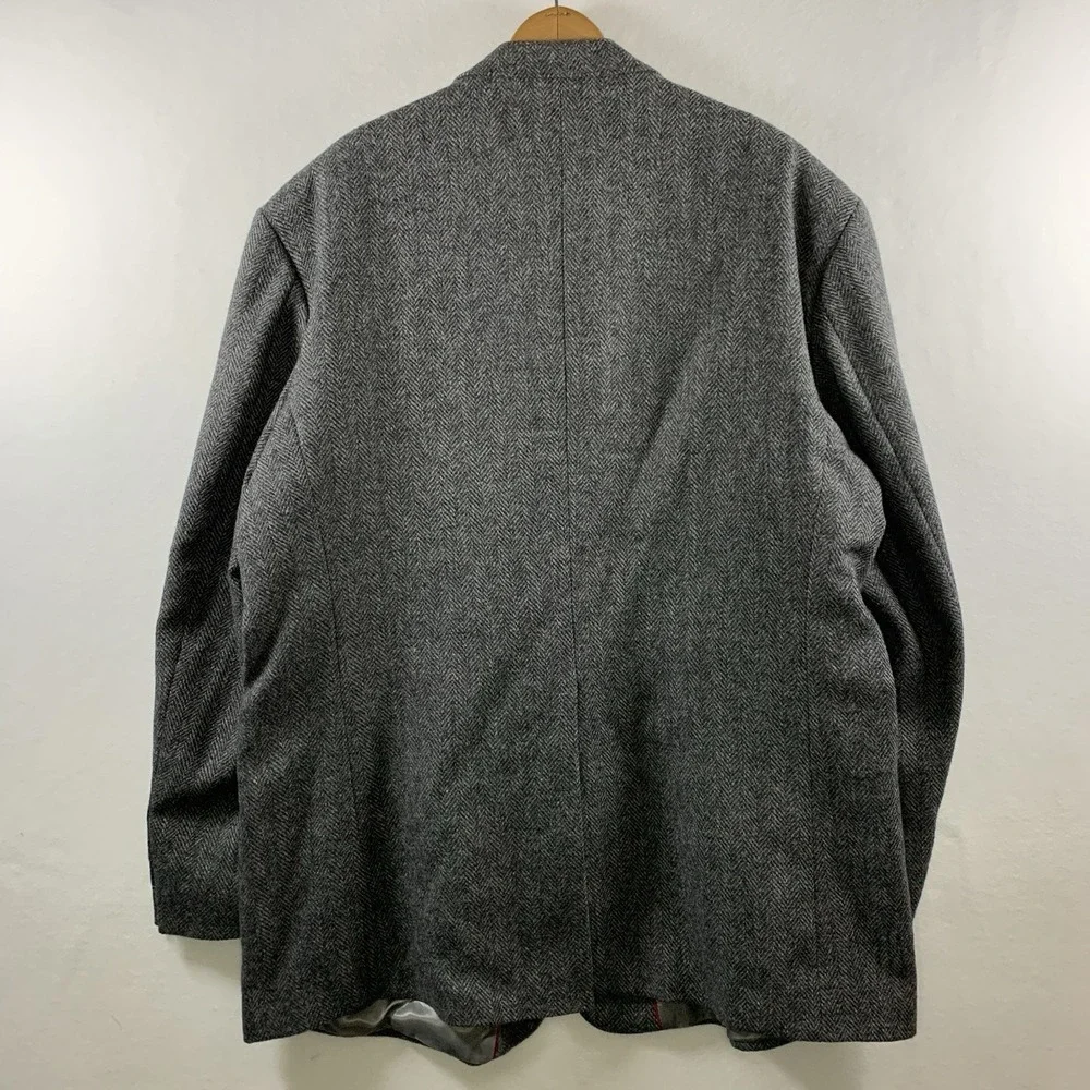 VTG Men 100% Wool Herringbone Tweed Blazer 52L Gray Wood Buttons Wide Lapel